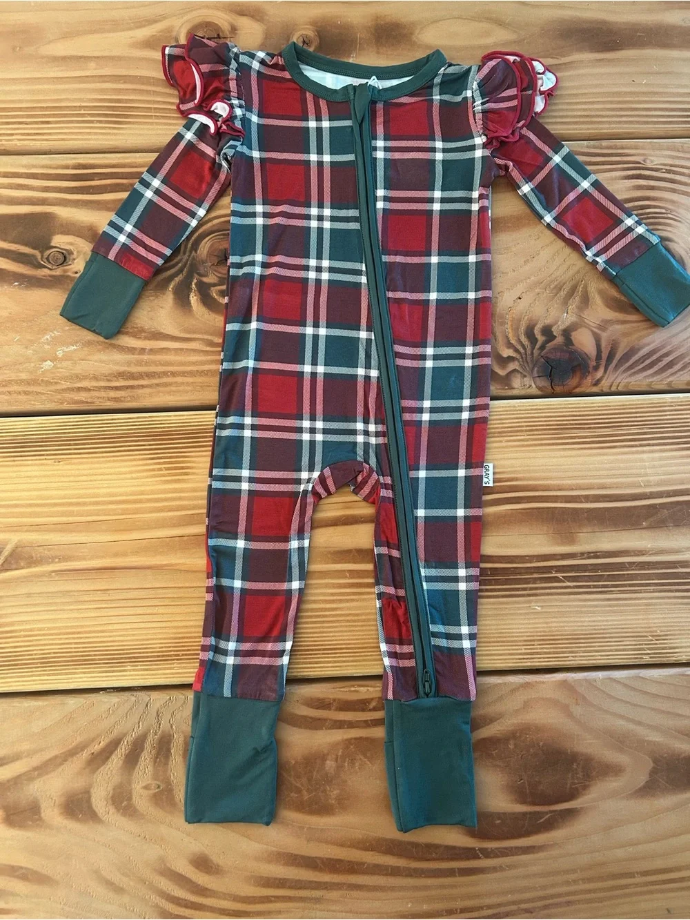 Family Plaid Zippered Kids One-Piece in Red and Green - Holiday Sleepwear